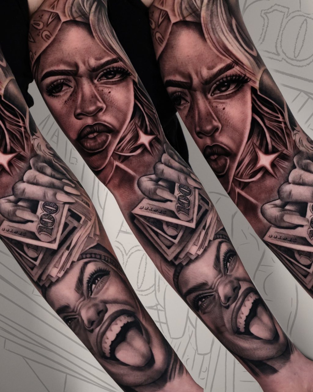 Twee sleeves met realistische vrouwenportretten, getatoeëerd door Haissam Mokdad