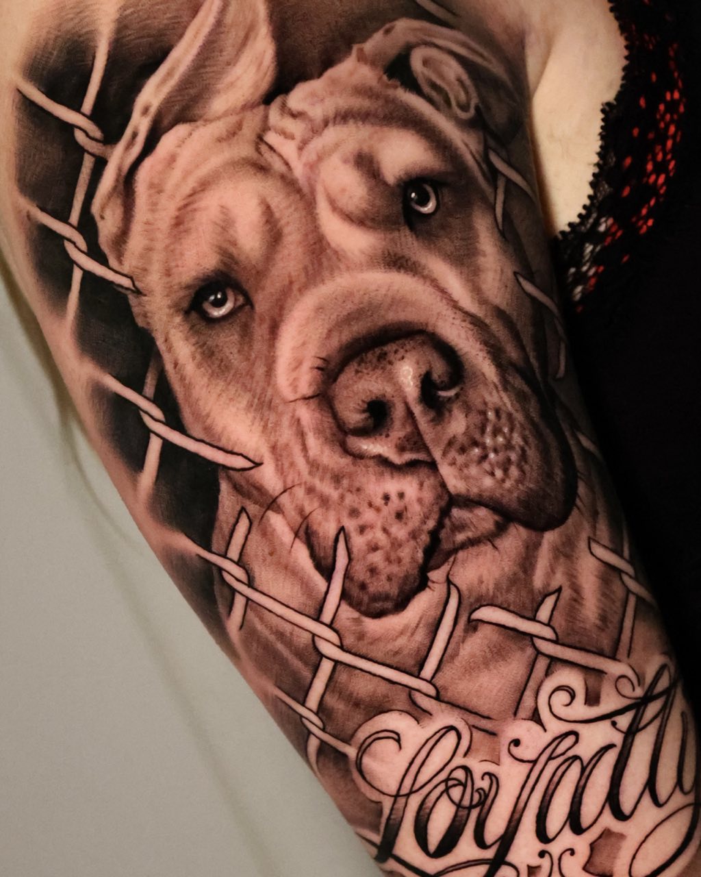 Bovenarm met pitbull en letterwerk, getatoeëerd door Haissam Mokdad