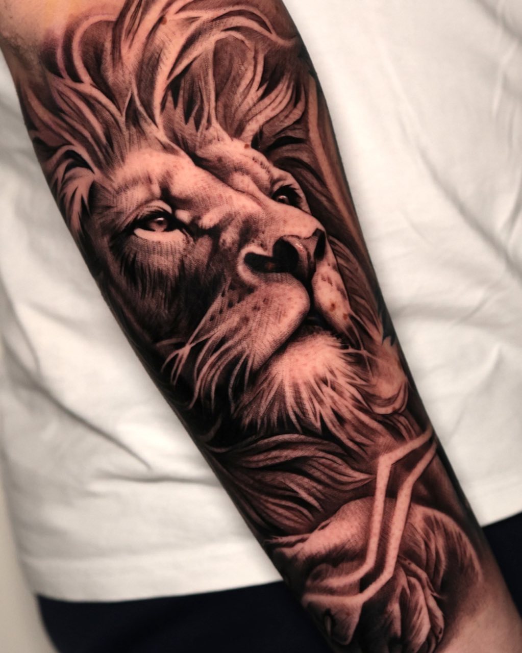 Onderarm met realistische leeuwenkop, getatoeëerd door Haissam Mokdad